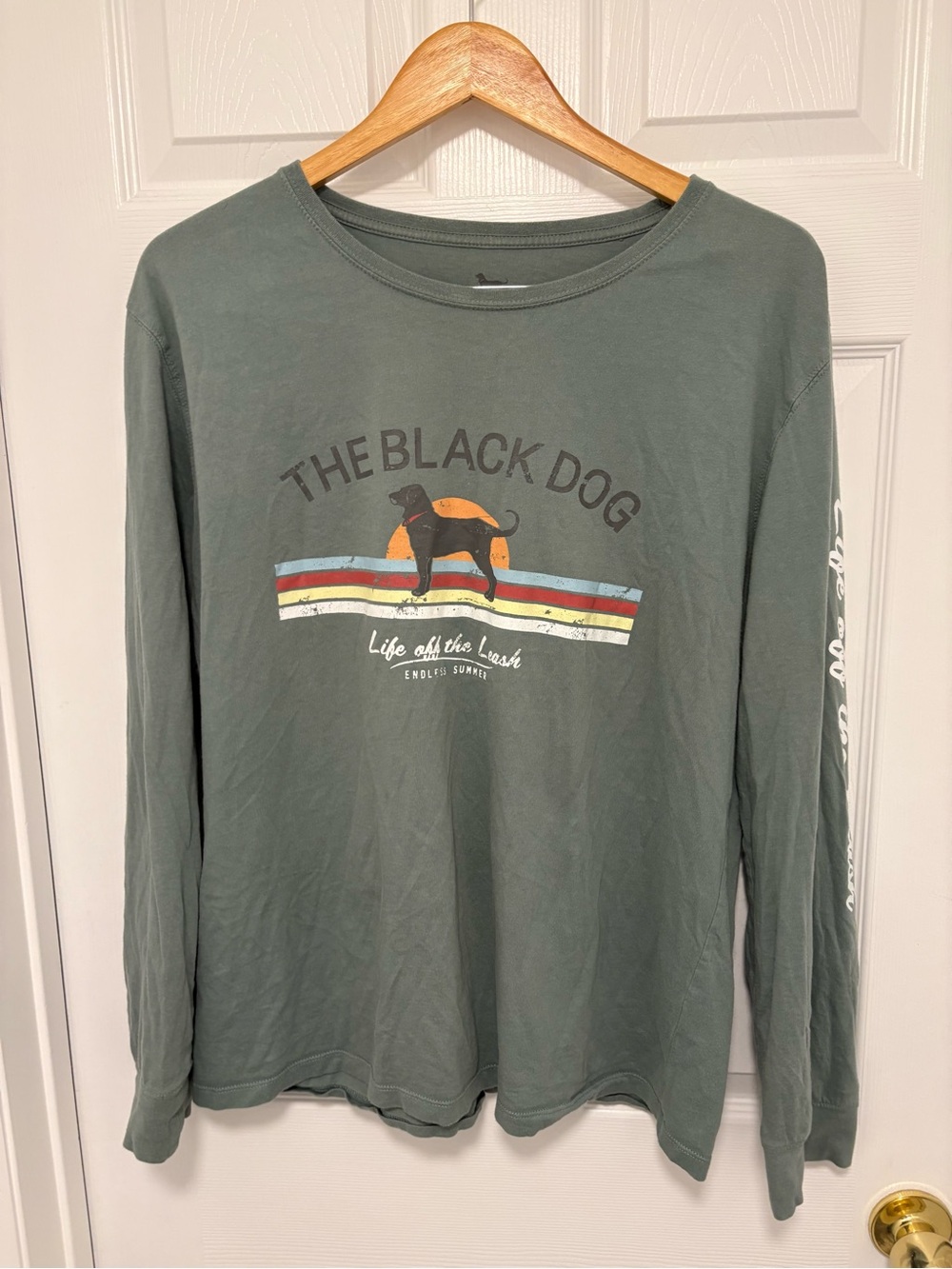 The Black Dog Olive Green Long-Sleeve Logo Tee with Retro Stripes
